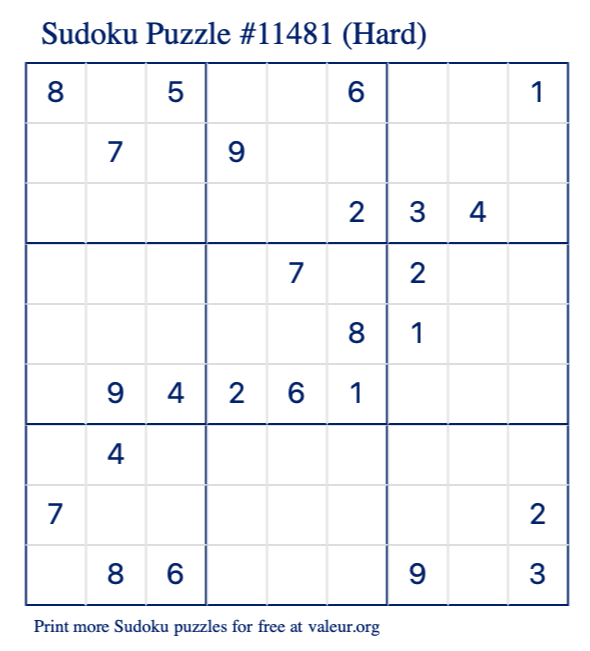 Free Printable Hard Sudoku Puzzle number 11481