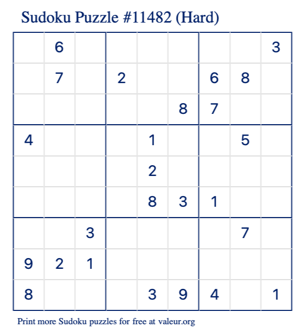 Free Printable Hard Sudoku Puzzle number 11482