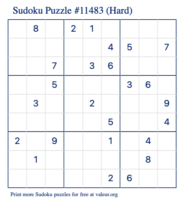 Free Printable Hard Sudoku Puzzle number 11483