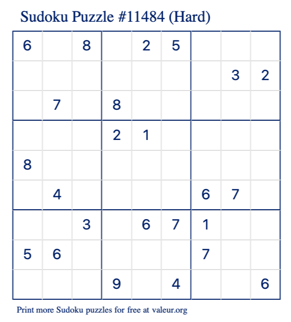 Free Printable Hard Sudoku Puzzle number 11484
