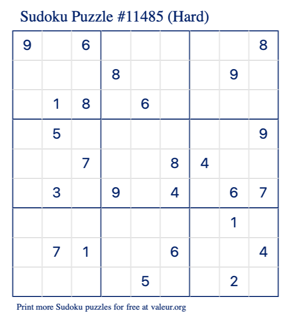 Free Printable Hard Sudoku Puzzle number 11485