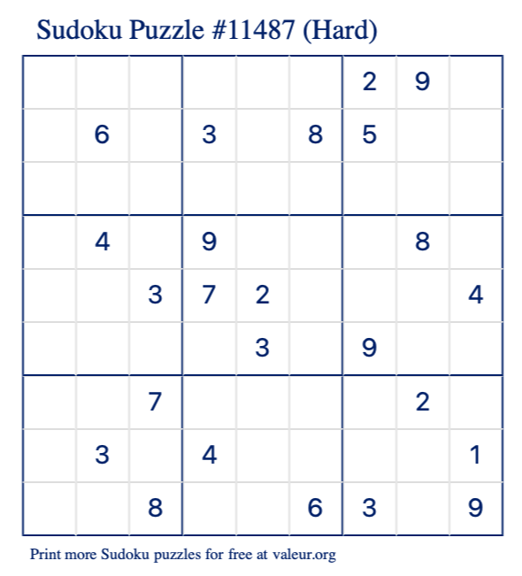Free Printable Hard Sudoku Puzzle number 11487