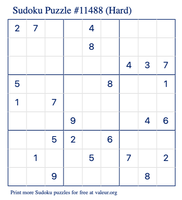Free Printable Hard Sudoku Puzzle number 11488
