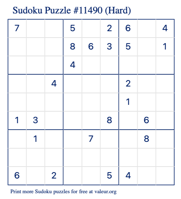 Free Printable Hard Sudoku Puzzle number 11490