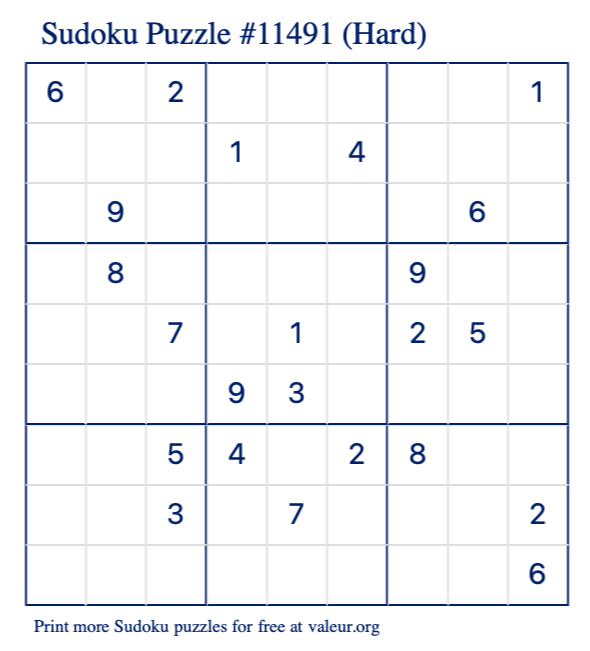 Free Printable Hard Sudoku Puzzle number 11491