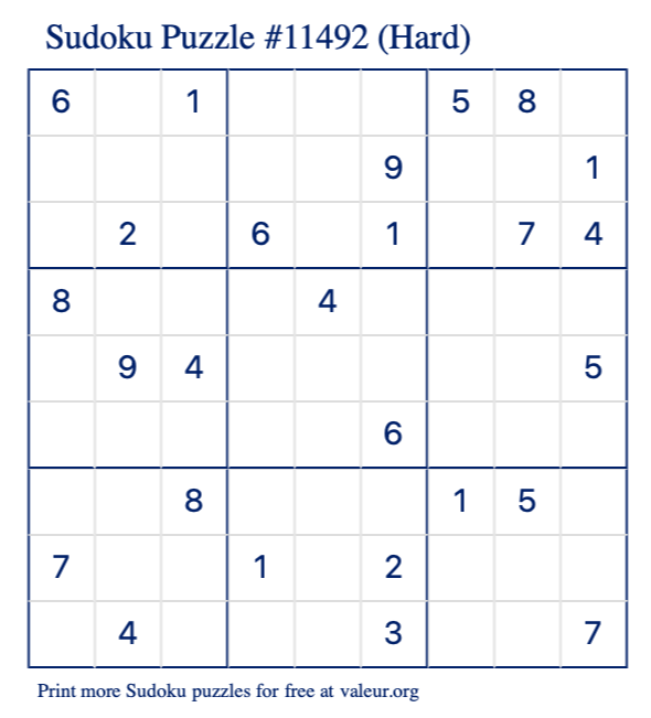 Free Printable Hard Sudoku Puzzle number 11492