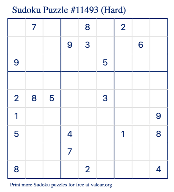 Free Printable Hard Sudoku Puzzle number 11493