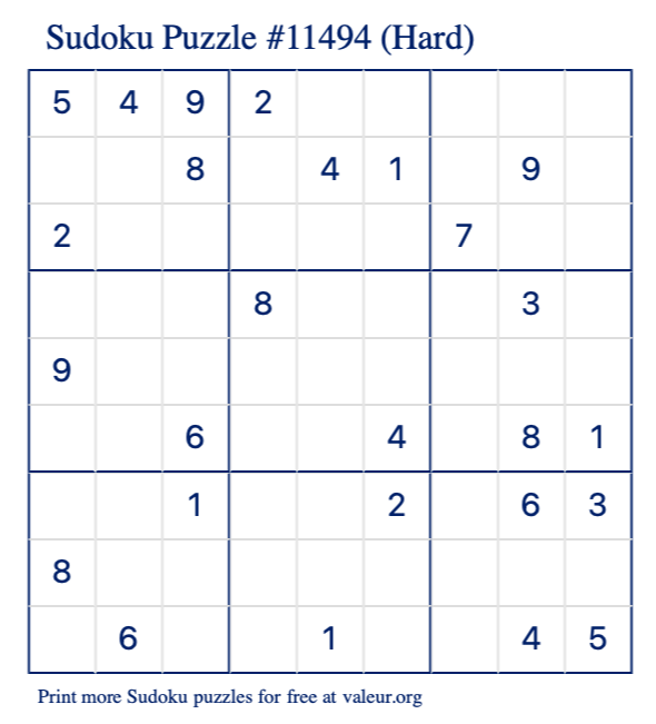 Free Printable Hard Sudoku Puzzle number 11494