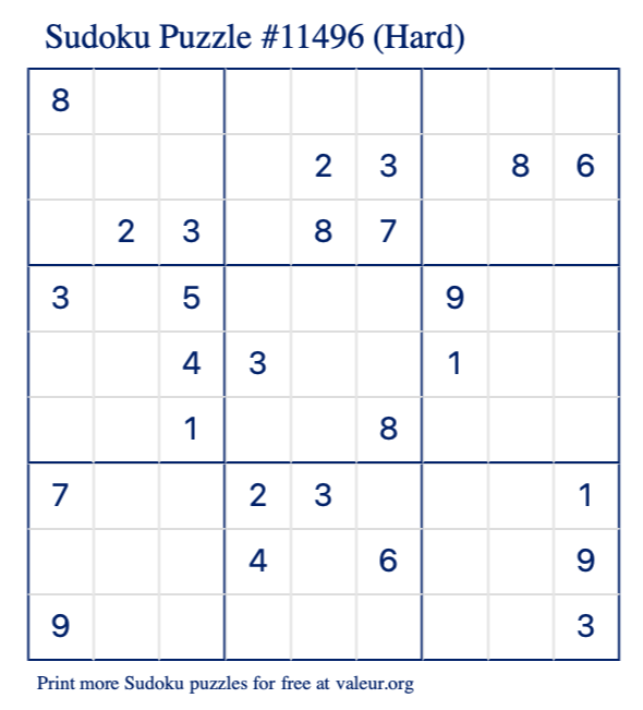 Free Printable Hard Sudoku Puzzle number 11496