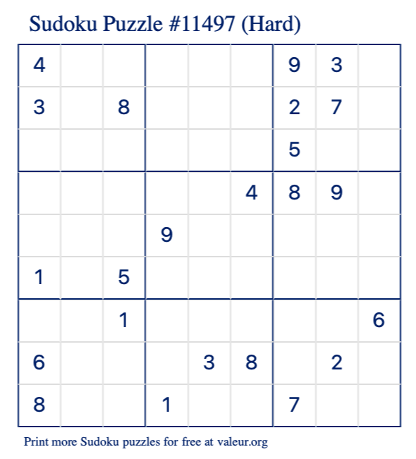 Free Printable Hard Sudoku Puzzle number 11497