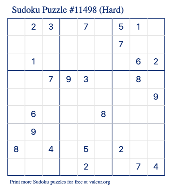 Free Printable Hard Sudoku Puzzle number 11498