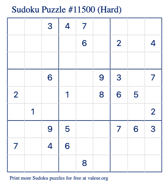 Free Printable Hard Sudoku Puzzle number 11500