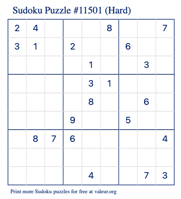 Free Printable Hard Sudoku Puzzle number 11501