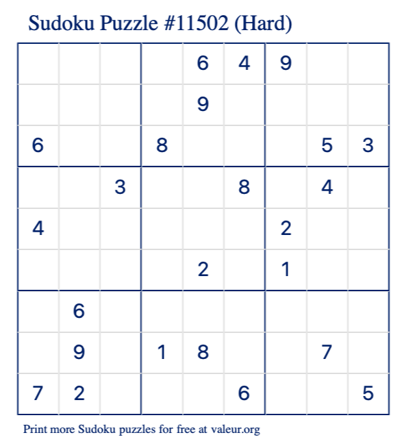 Free Printable Hard Sudoku Puzzle number 11502