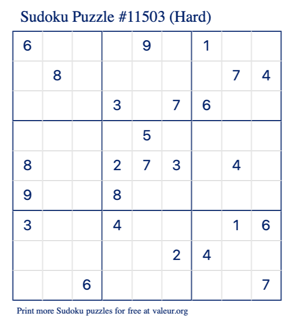 Free Printable Hard Sudoku Puzzle number 11503