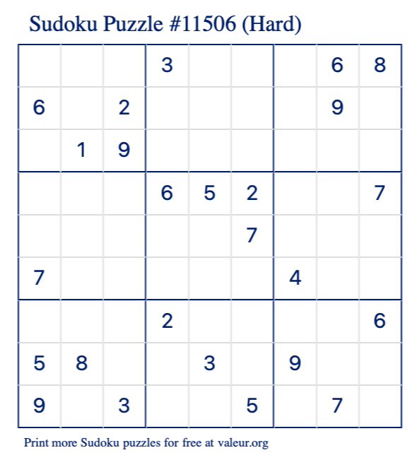 Free Printable Hard Sudoku Puzzle number 11506