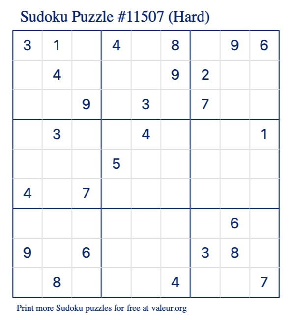 Free Printable Hard Sudoku Puzzle number 11507