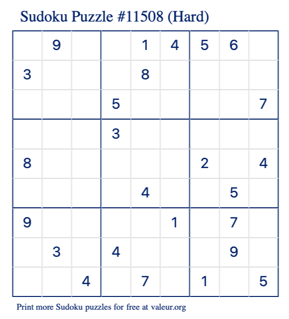 Free Printable Hard Sudoku Puzzle number 11508