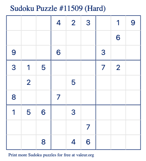 Free Printable Hard Sudoku Puzzle number 11509