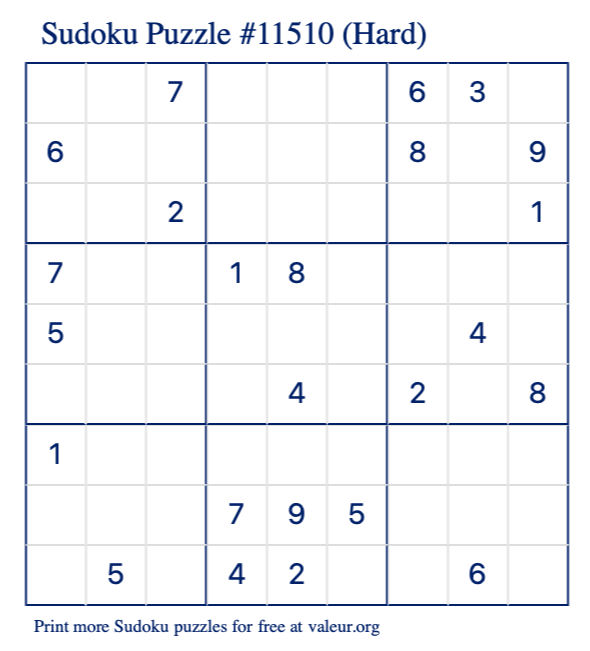 Free Printable Hard Sudoku Puzzle number 11510