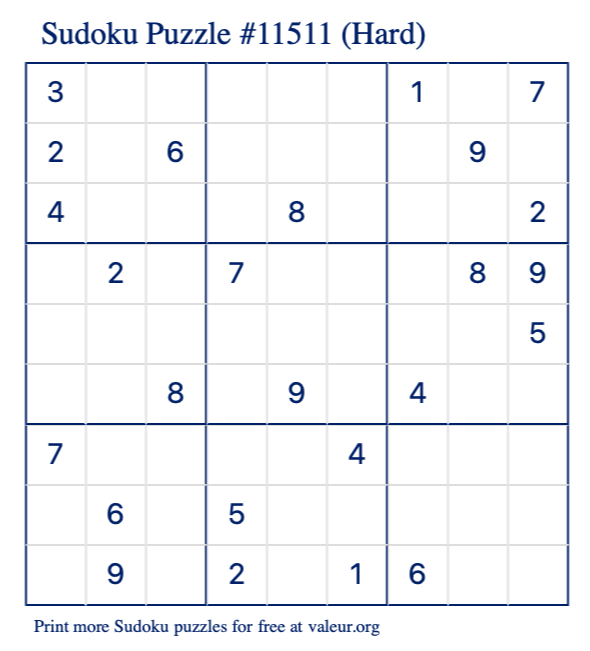 Free Printable Hard Sudoku Puzzle number 11511