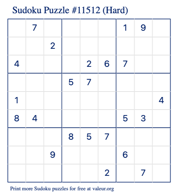 Free Printable Hard Sudoku Puzzle number 11512
