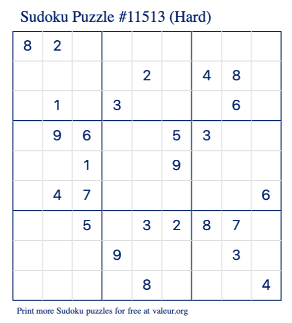 Free Printable Hard Sudoku Puzzle number 11513