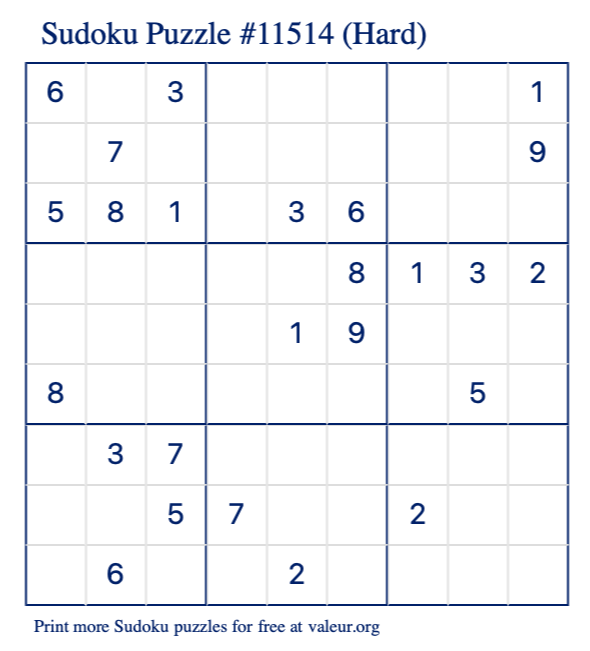 Free Printable Hard Sudoku Puzzle number 11514
