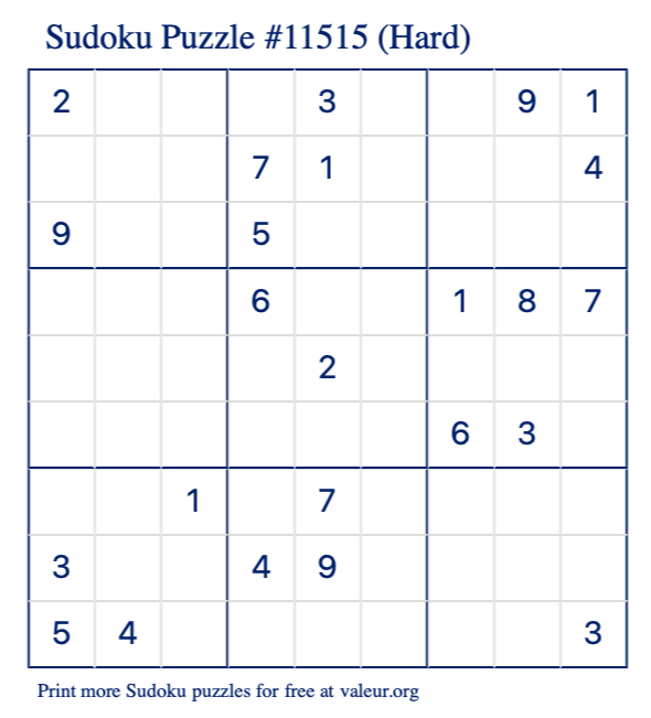 Free Printable Hard Sudoku Puzzle number 11515