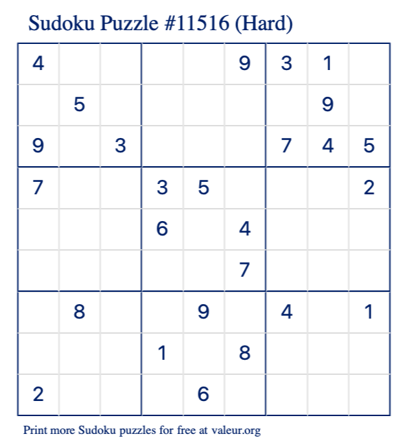Free Printable Hard Sudoku Puzzle number 11516