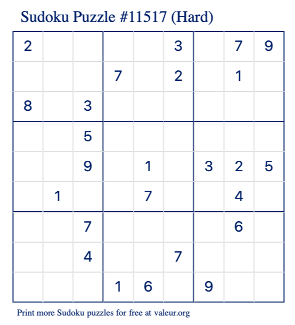 Free Printable Hard Sudoku with the Answer 11517