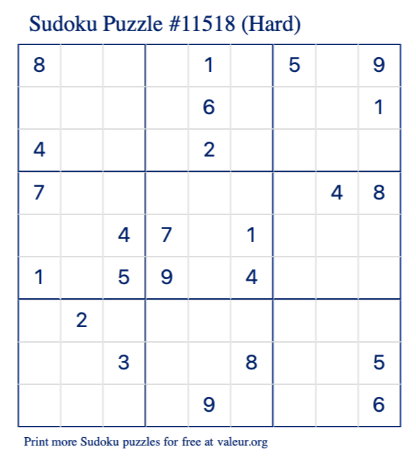 Free Printable Hard Sudoku Puzzle number 11518