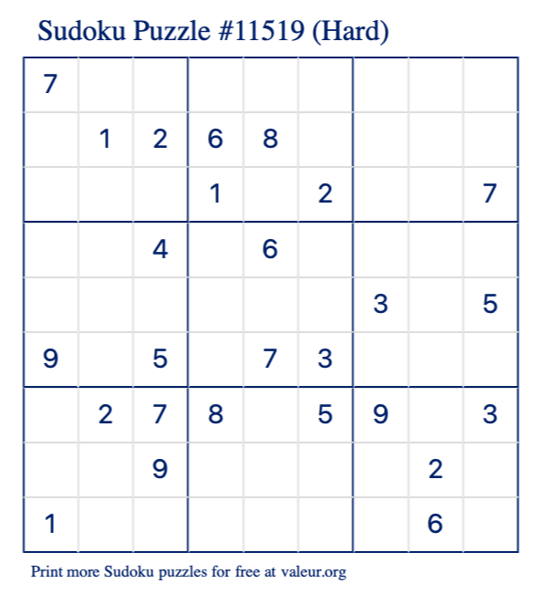Free Printable Hard Sudoku Puzzle number 11519