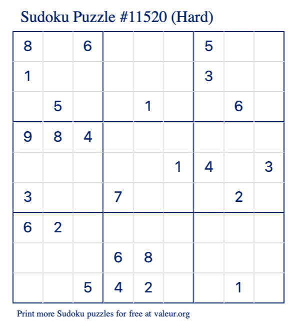 Free Printable Hard Sudoku Puzzle number 11520