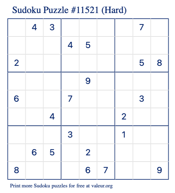 Free Printable Hard Sudoku Puzzle number 11521