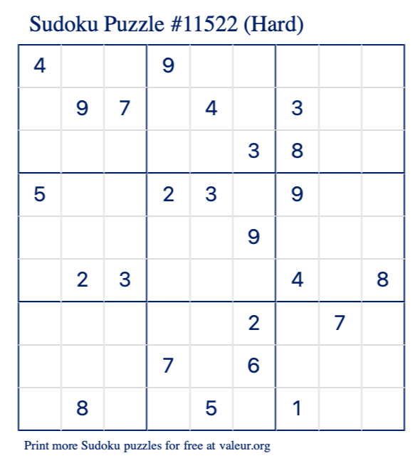 Free Printable Hard Sudoku Puzzle number 11522