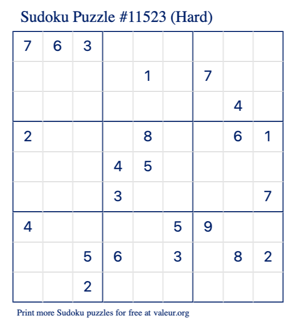 Free Printable Hard Sudoku Puzzle number 11523