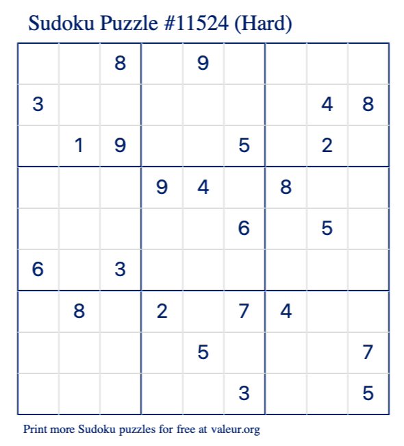Free Printable Hard Sudoku Puzzle number 11524