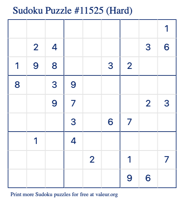 Free Printable Hard Sudoku Puzzle number 11525