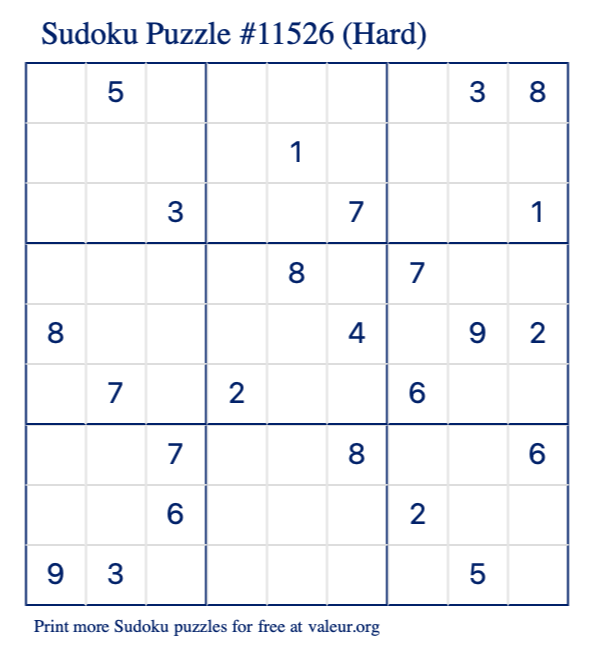 Free Printable Hard Sudoku Puzzle number 11526