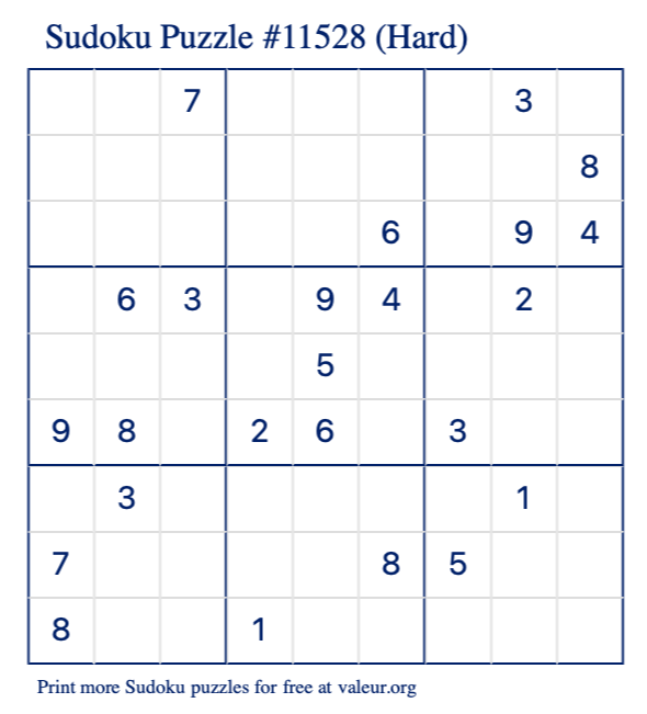Free Printable Hard Sudoku Puzzle number 11528