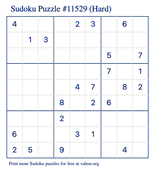 Free Printable Hard Sudoku Puzzle number 11529