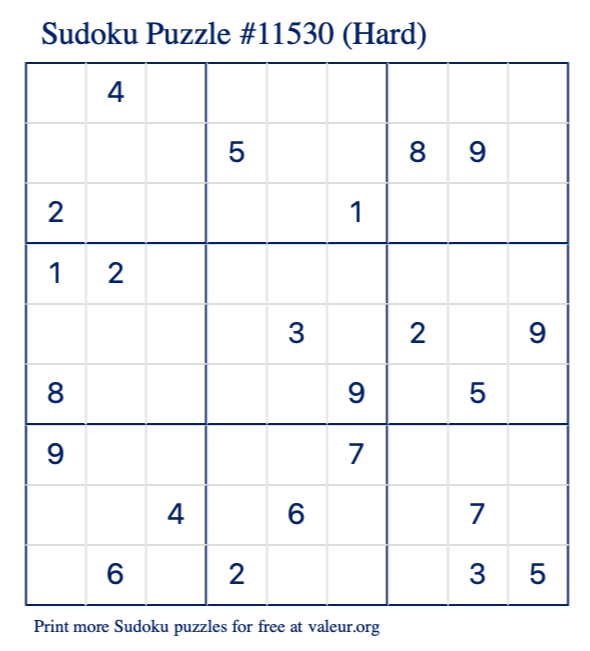 Free Printable Hard Sudoku Puzzle number 11530