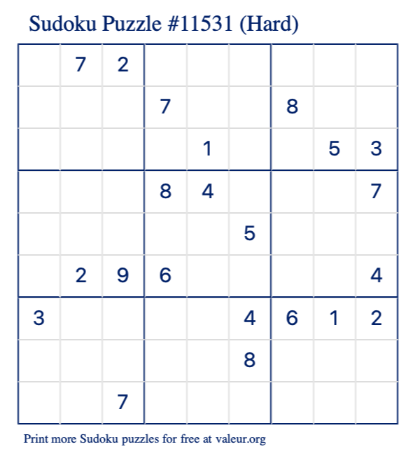 Free Printable Hard Sudoku Puzzle number 11531