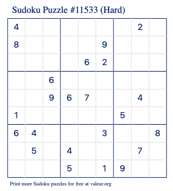 Free Printable Hard Sudoku Puzzle number 11533