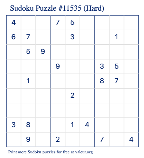 Free Printable Hard Sudoku Puzzle number 11535