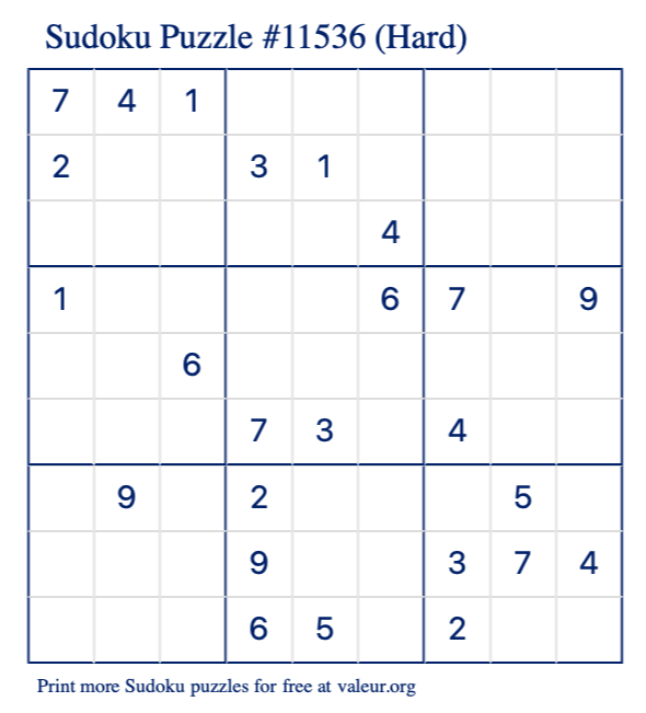 Free Printable Hard Sudoku Puzzle number 11536