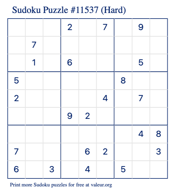 Free Printable Hard Sudoku Puzzle number 11537