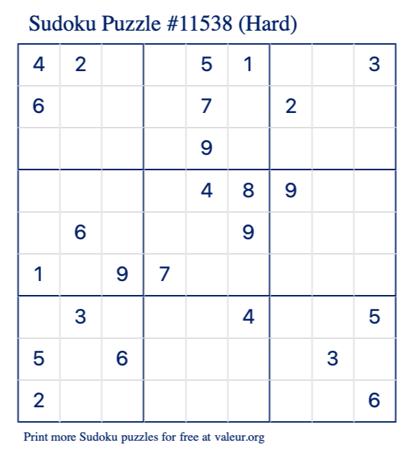Free Printable Hard Sudoku Puzzle number 11538