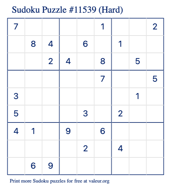 Free Printable Hard Sudoku Puzzle number 11539